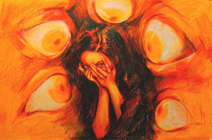 a drawing of a woman with her hands on her face in front of an orange background