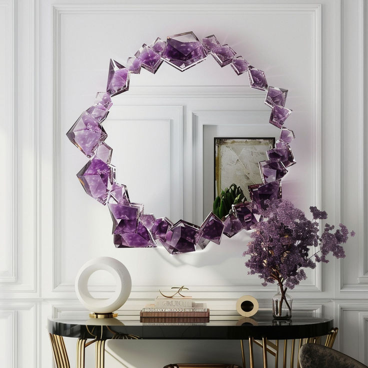 a mirror sitting on top of a table next to a vase filled with purple flowers