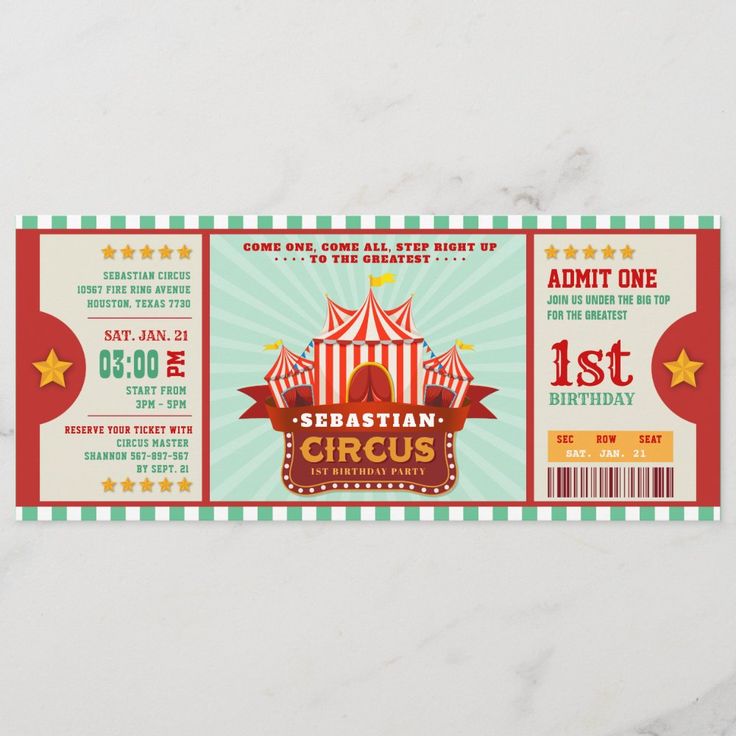 a ticket for an event with a circus theme