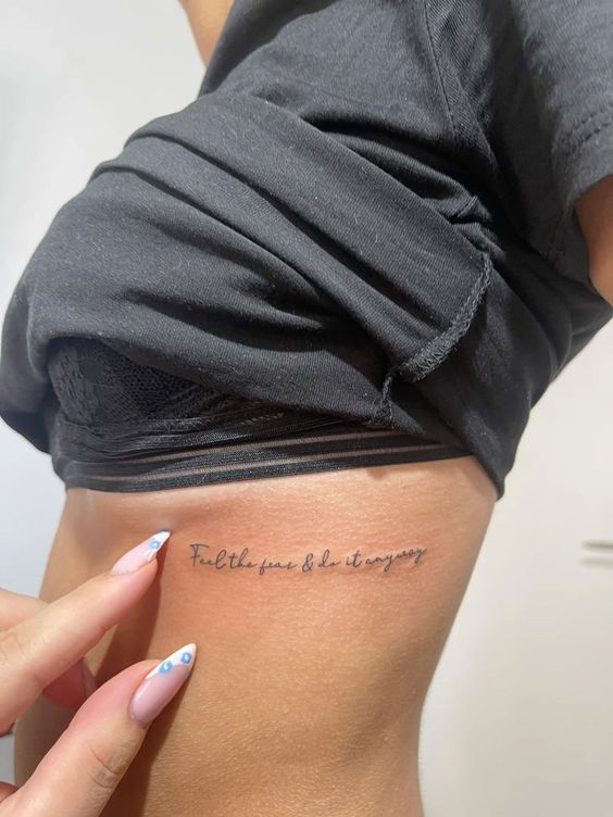 Tattoo Ideas For Women Rib Tattoos For Women Quotes, Underboob Tattoo Ideas, Motivational Tattoos, Rib Tattoos For Women, Basic Tattoos, Underboob Tattoo, Tattoo Quotes For Women, Writing Tattoos, Petite Tattoos