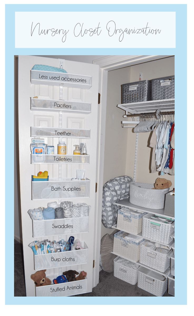 an organized closet with white baskets and linens on the shelves, labeled nursery closet organization