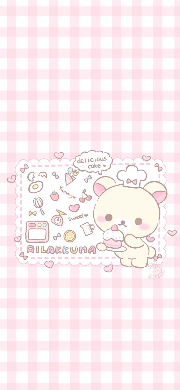 a pink and white checkered wallpaper with an animal holding a teddy bear in it's arms