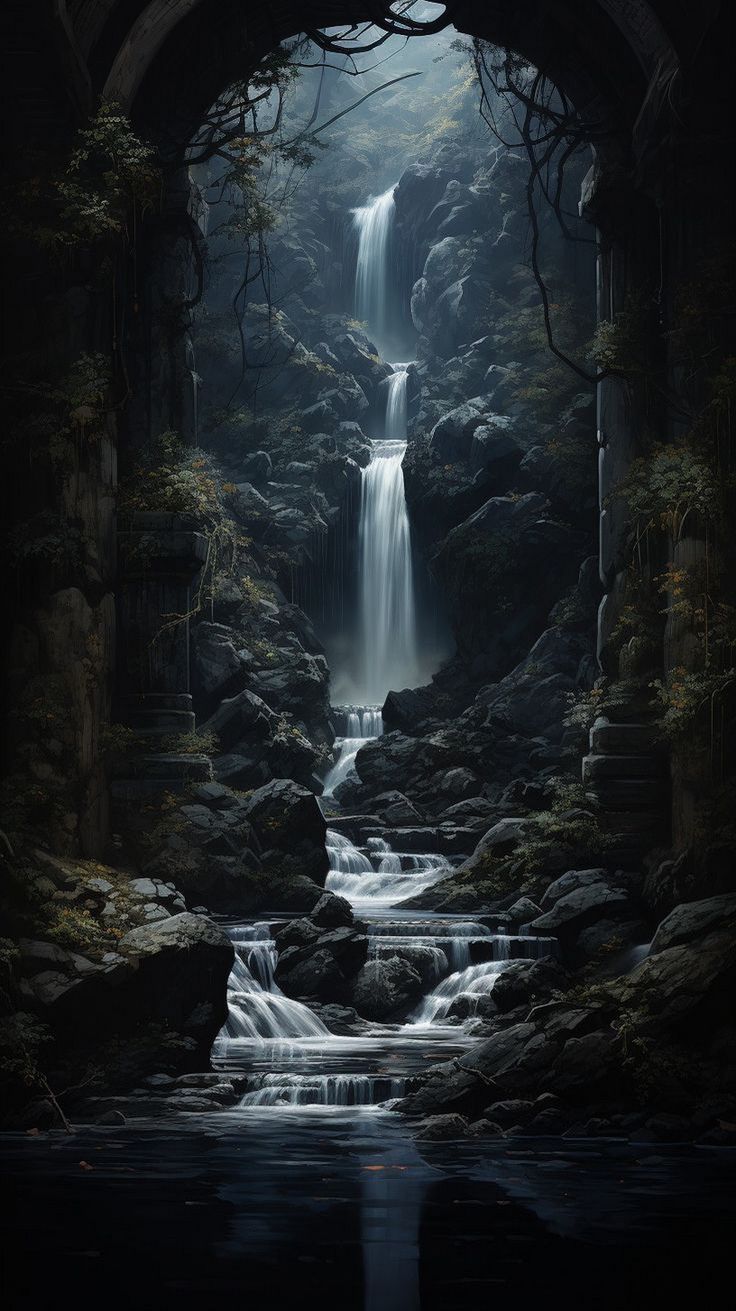 a waterfall in the middle of a forest filled with rocks and water under a bridge