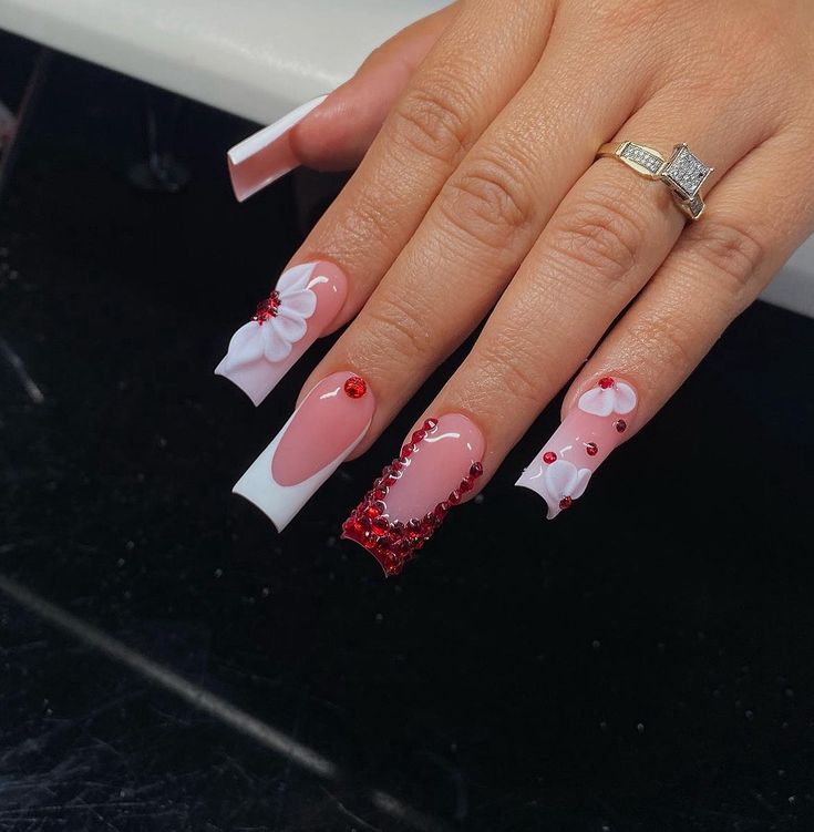 Red Nails With Acrylic Flowers, Red Swarovski Nails, White French Tip With Red Design, Customize Nails, White Nail Set, Nails Acrylic Red, Nails Red And White, Plain Acrylic Nails, Red And White Nails