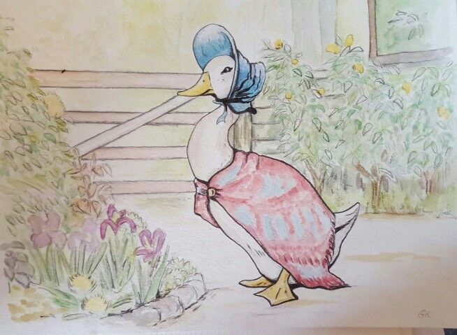 a drawing of a duck wearing a pink dress and carrying a blue hat on its head