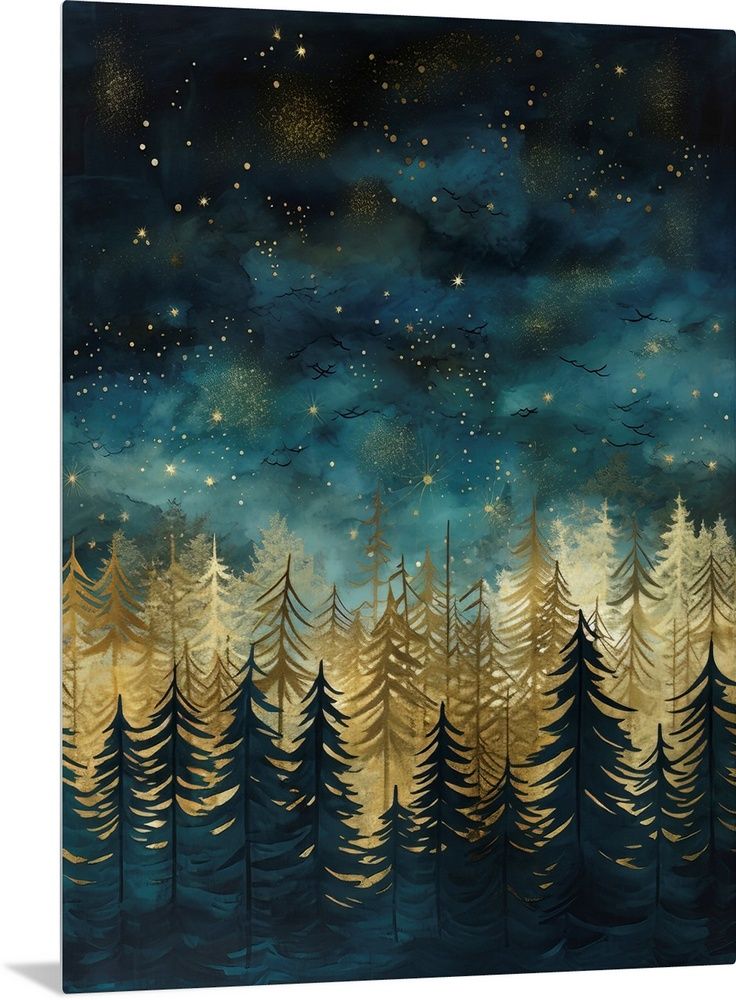 the night sky with stars and trees painted on it in gold, blue and black