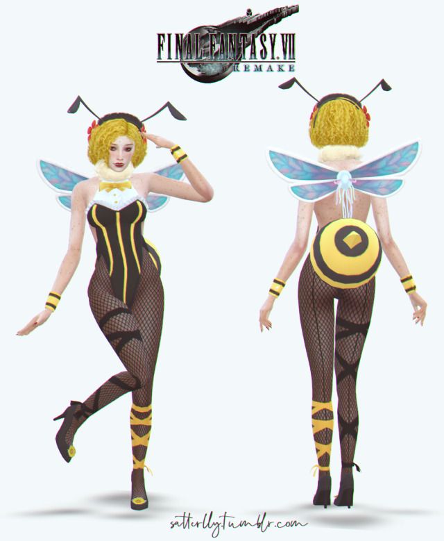 two women dressed in bee costumes, one with yellow and black stripes on her body