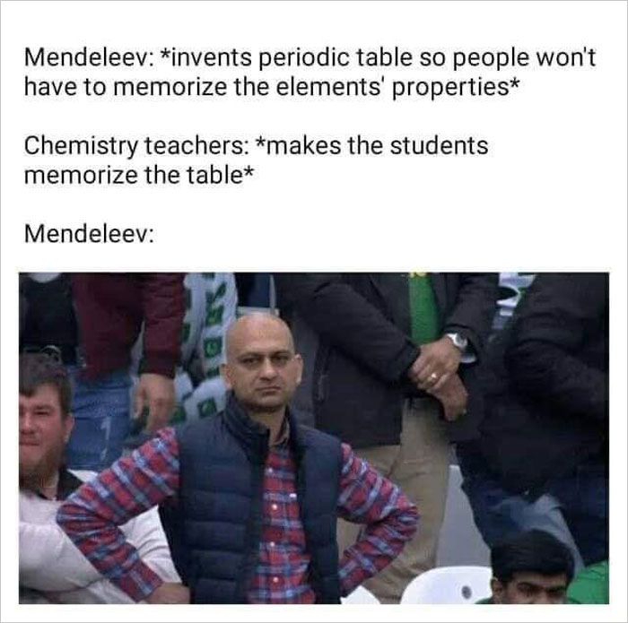 a man standing in front of a crowd with his hands on his hips and the caption reads, mendelev nivens periodic table people who have to memoize the elements