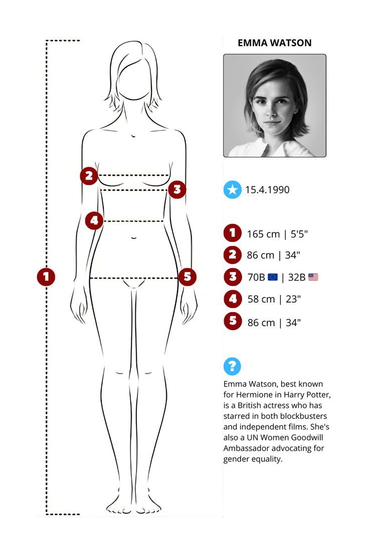 Full Name: Emma Charlotte Duerre Watson | Date of Birth: April 15, 1990 | Nationality: British | Height: 5'5" (165 cm) | Weight: 119 lbs (54 kg) | Body Measurements: 34-23-34 inches (86-58-86 cm) | Bra Size: 32B (EU 70B) | Marital Status: Single | Year Acting Career Began: 1998 | Natural Hair Color: Brown | Eye Color: Brown | Sexual Orientation: Heterosexual Ideal Body Measurements For Women, 165 Cm Height Women, Celebrity Measurements, Emma Watson Body, Romantic Couple Kissing, Body Measurement Chart, Celebrity Bodies, Ideal Body, Seasonal Color Analysis