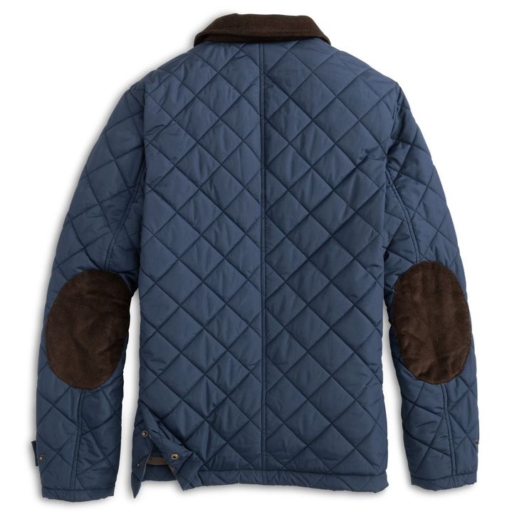 a blue jacket with brown patches on the sleeves