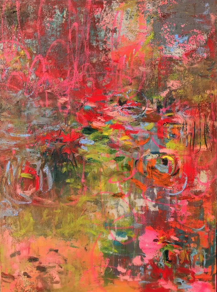 an abstract painting with lots of different colors and patterns on the surface, including water lilies