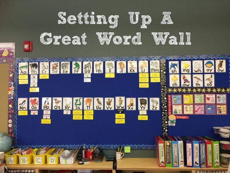 a bulletin board with words and pictures on it in front of a classroom wall filled with books