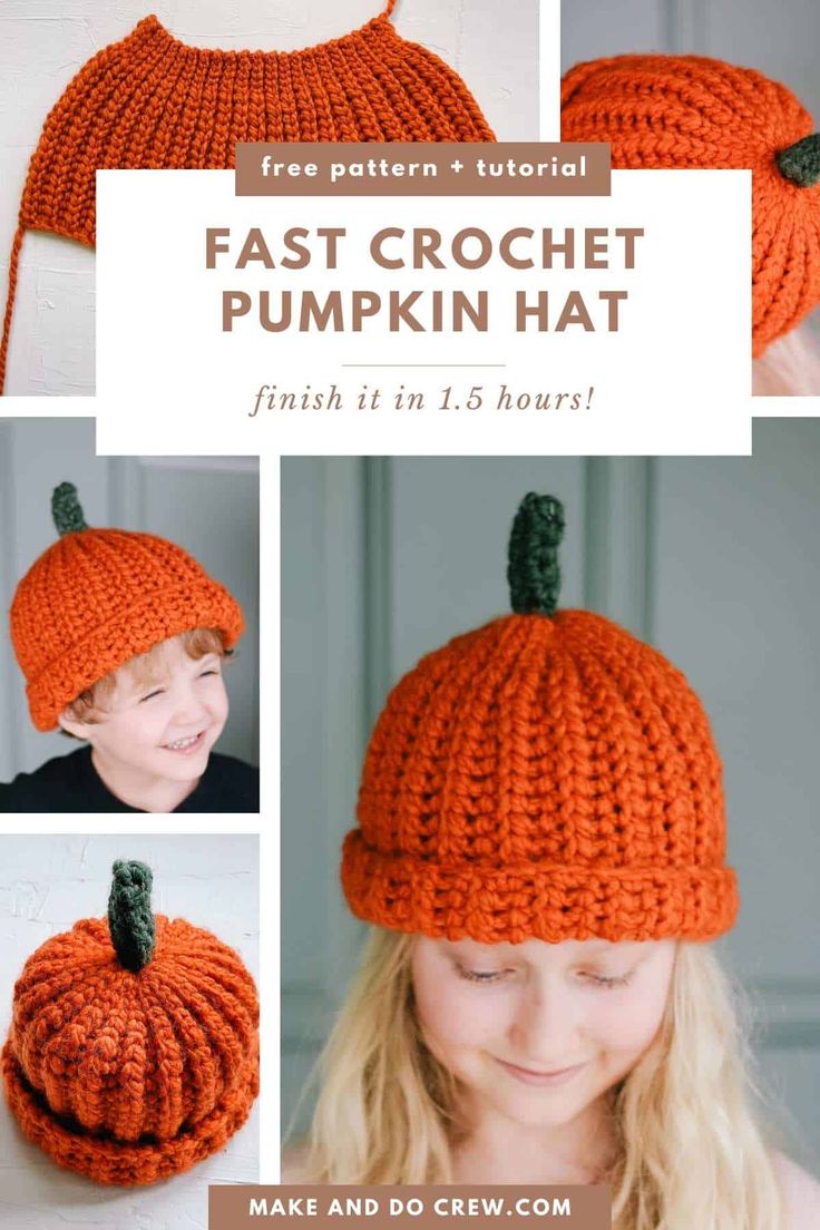 the crochet pumpkin hat is shown with instructions to make it in two hours