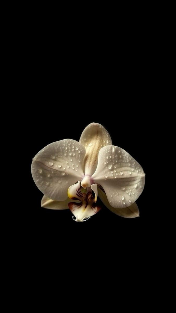 a white orchid with water droplets on it's petals in front of a black background