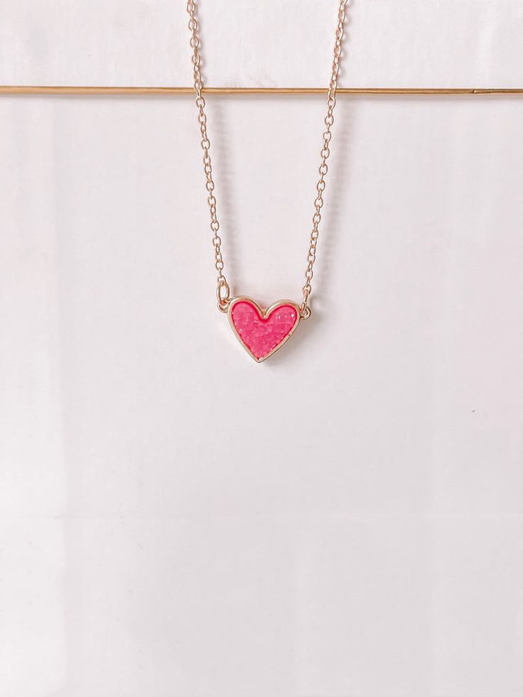 Pink Love Heart Necklace | Sassy Shortcake Pink Heart-shaped Charm Necklace For Party, Pink Heart Charm Necklace For Party, Pink Heart Charm Necklace As Gift, Pink Heart Charm Necklace For Gift, Cute Heart Necklace For Parties, Cute Heart Necklace For Party, Pink Heart Charm Jewelry For Valentine's Day, Dainty Pink Charm Necklace With Adjustable Chain, Trendy Heart Print Necklace For Valentine's Day