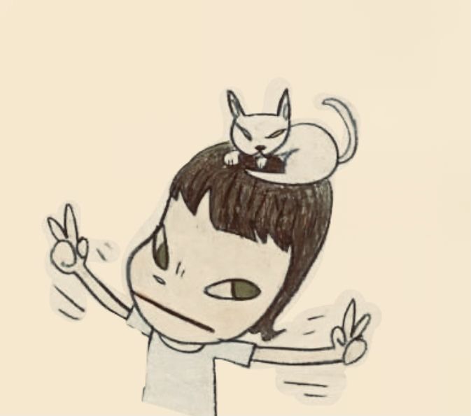 a drawing of a person with a cat on top of their head and hands in the air