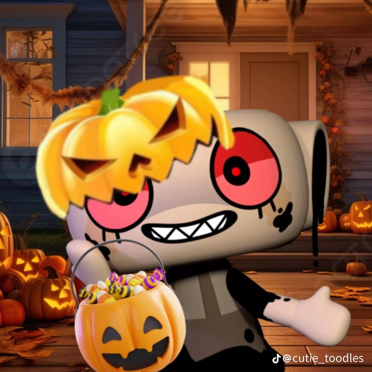 a cartoon character holding a pumpkin in front of a house