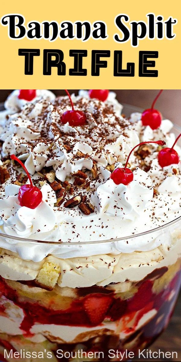 a banana split trifle with whipped cream and cherries