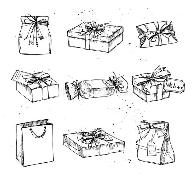 hand drawn gift boxes with ribbons and bows on white background stock photo - image 4597