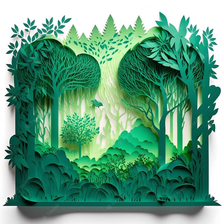 an image of a paper cut landscape with trees