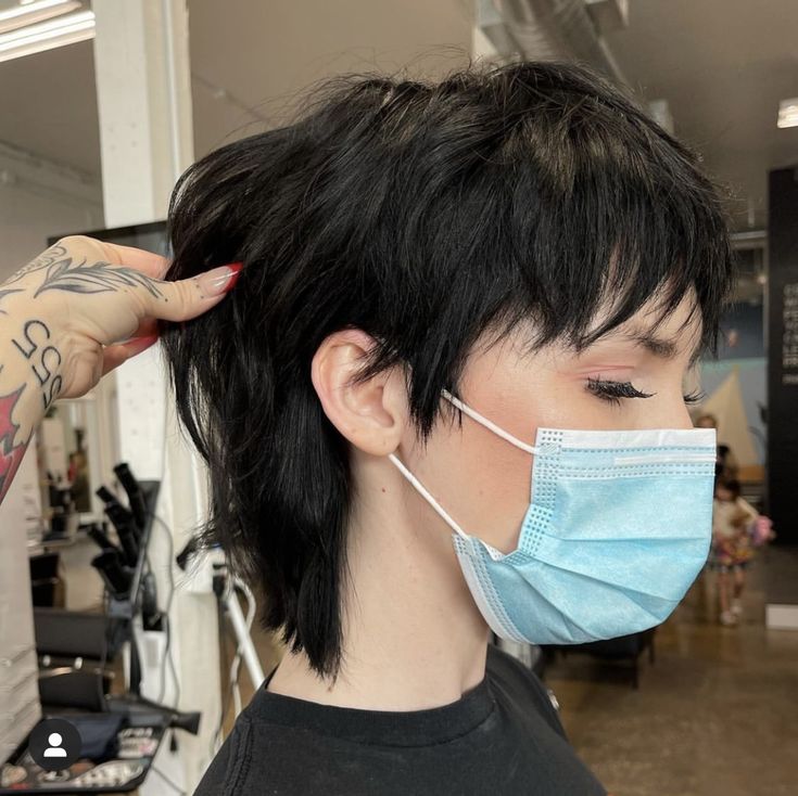 Mullets For Short Hair, Short Mullet Hairstyles For Women, Short Pixie Mullet Haircuts, 90s Shaggy Pixie, Hairstyles Mullet Short, Short Mullet With Bangs Woman, Pixie Mullet Fine Hair, Pixie Mow Hawk, Grown Out Mohawk Women