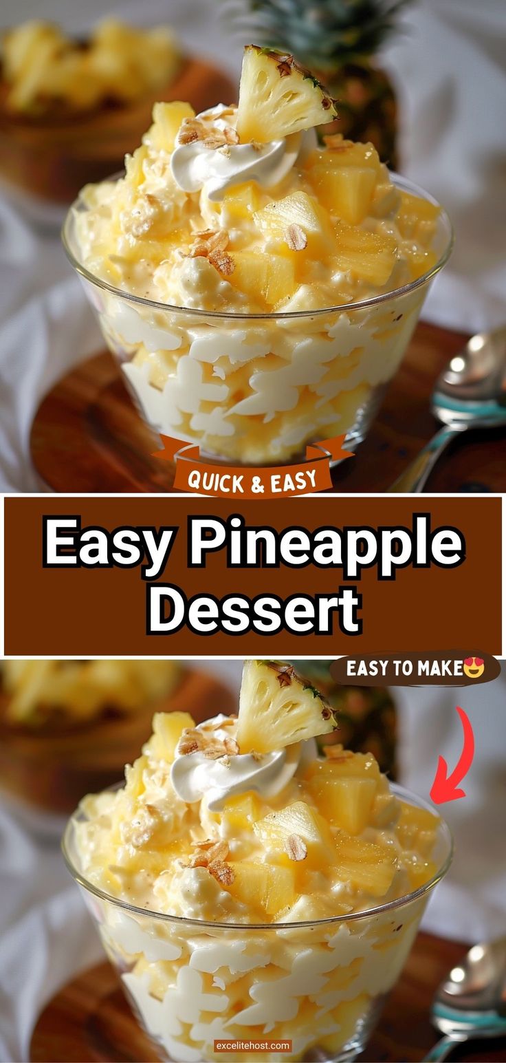 two bowls filled with pineapple dessert on top of a wooden plate