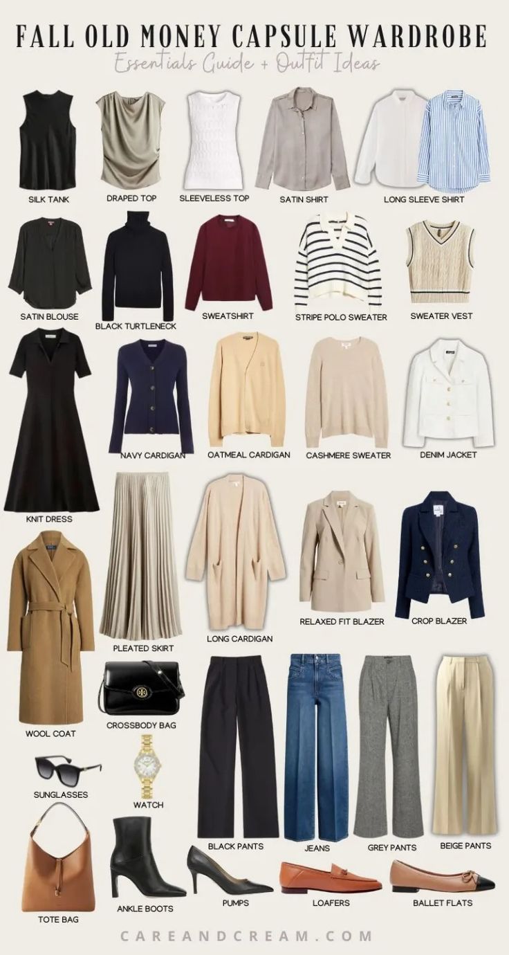 Old Money Fall Capsule Wardrobe + 15 Outfit Ideas Fall Fashion University, Old Money Brands For Women, Old Money Outfit Women Autumn, Oldmoney Women Outfit, Old Money Capsule Wardrobe Women, Old Money Fall Wardrobe, Old Money Outfits Aesthetic Women Casual, Plus Size Old Money Aesthetic, Old Money Outfits Autumn Women