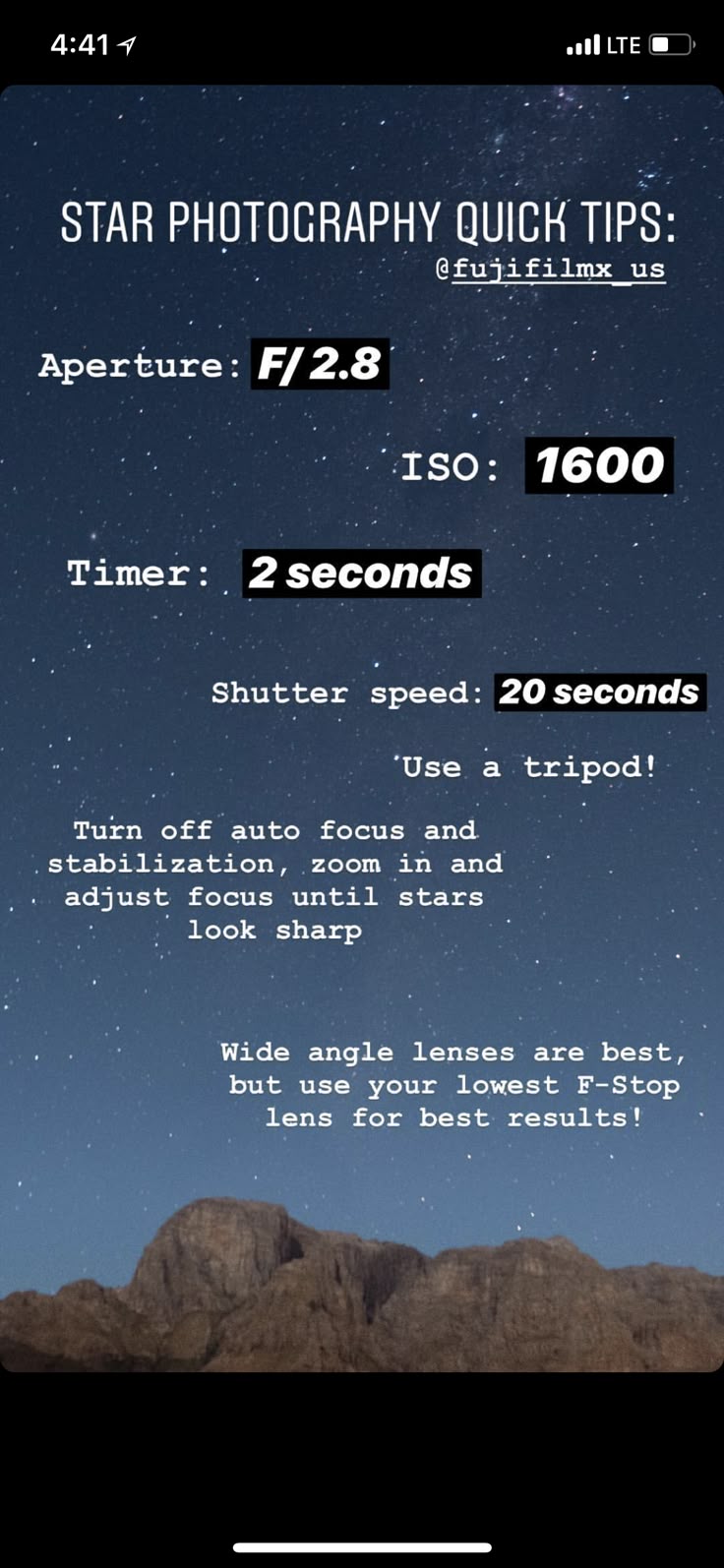 an iphone screen showing the time and date for shooting stars in the night sky with mountains behind it