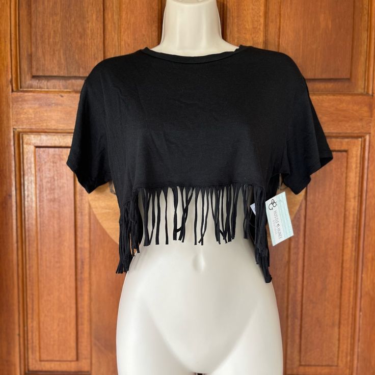 Fringe Crop Front, With Hem Back, Short Sleeves. Trendy Black Top With Fringe, Trendy Black Fringe Top, Casual Black Fringe Tops, Casual Fringe Tops For Night Out, Casual Fringe Crop Top For Summer, Casual Fringe Crop Top For Festival, Casual Fringe Crop Top For Spring, Black Fringe Tops For Summer, Clothes Hacks