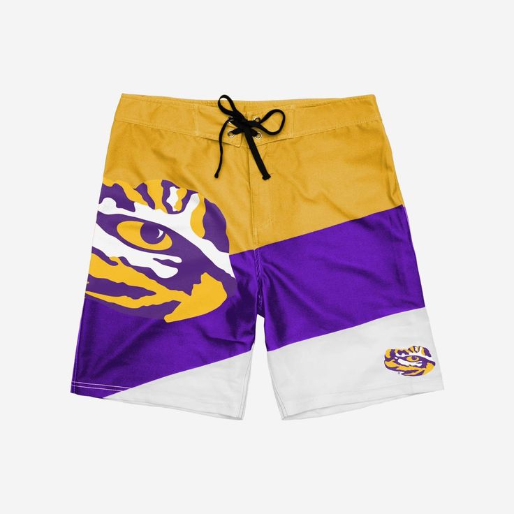 Dominate summer style the same way your team dominates their opponents. These LSU Tigers Color Dive Boardshorts will have you ready for every pool party, beach day, and barbecue. Features Diagonal, multi-team colored design so you can let your true colors shine Large cropped team logo on front right leg that lets you show off your legendary team spirit AND your toned calf muscles Small team logo on front left leg so there's no question who you're rooting for Adjustable drawstring for added secur Calf Muscles, Lsu Tigers, Big Game, Team Spirit, Team Colors, Pool Party, Board Shorts, Beach Day, Tigers