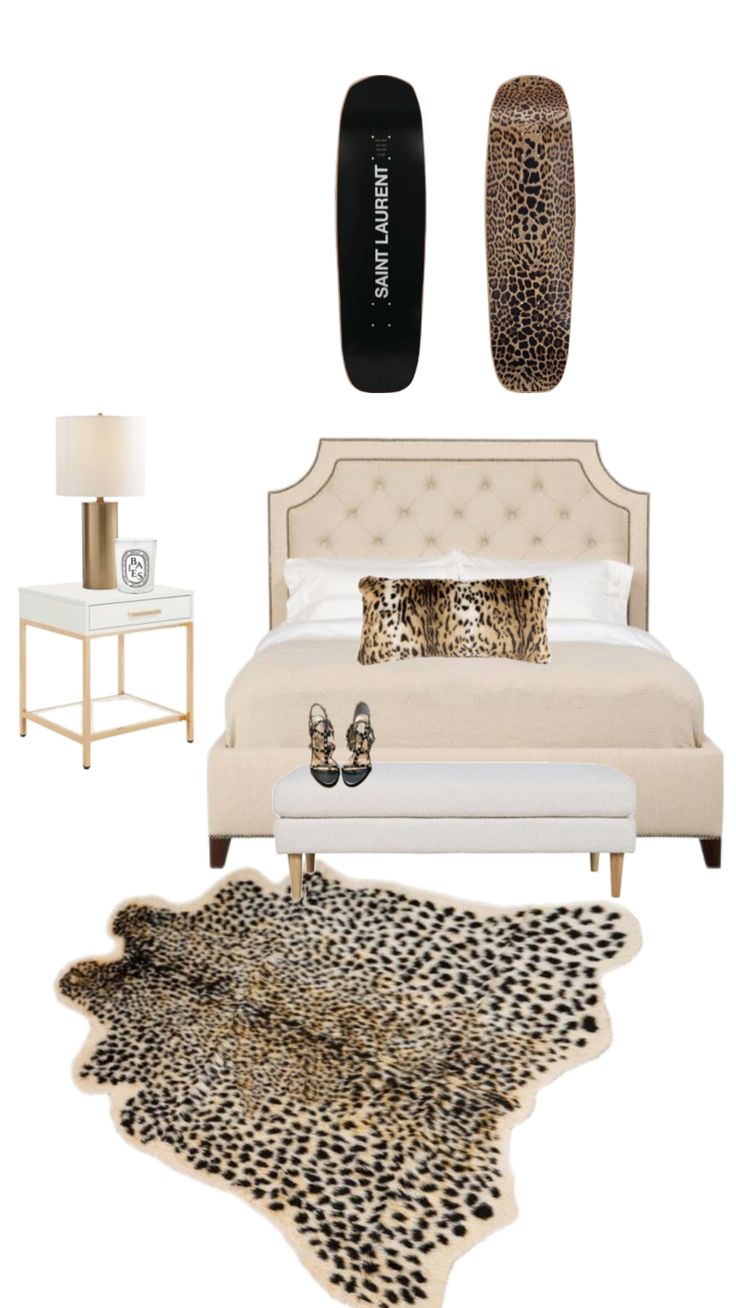 a bedroom with leopard print rugs and accessories on the floor, including a bed