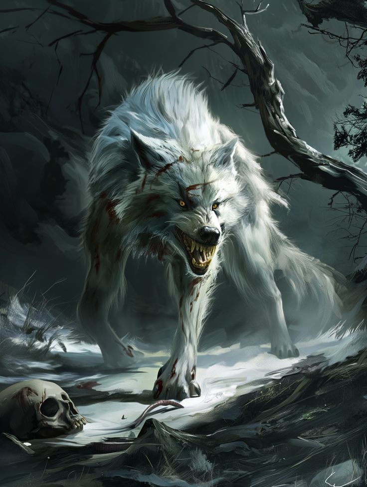 a white wolf with blood on its face walking through the woods next to a dead animal