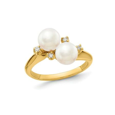 A simple and elegant design matched with a two twin freshwater cultured white pearl 6mm in a 14 karat yellow gold foundation. Pearl is the featured birthstone for the month of June. Beautiful accent diamonds complete the look with a little extra sparkle. 14K Yellow Gold 6mm Freshwater Cultured Pearl Ring with Accent Diamonds Size: 6.  Gender: female.  Age Group: adult. Cultured Pearl Ring, Pearl Birthstone, Month Of June, Pearl Gemstone, Pearl Diamond, Senior Year, Diamond Sizes, Natural Pearls, Pearl Ring