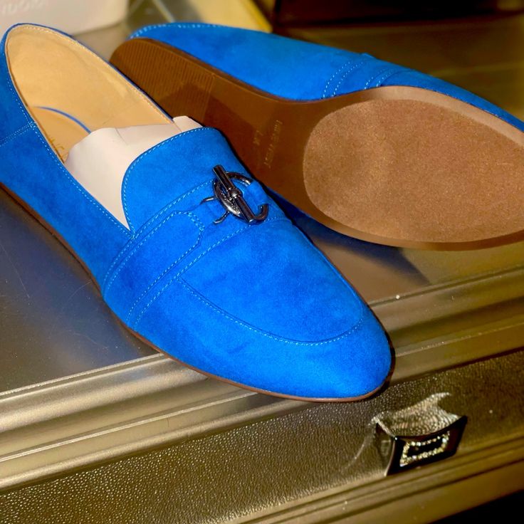 Super Cute Royal Blue Loafers, Never Worn. Blue Slip-on Loafers With Flat Heel, Blue Round Toe Slip-ons For Work, Blue Suede Loafers With Almond Toe, Blue Suede Almond Toe Loafers, Blue Slip-on Loafers For Office, Blue Closed Toe Loafers For Work, Blue Closed Toe Loafers For Office, Blue Closed Toe Loafers For Workwear, Blue Slip-on Flats For Office