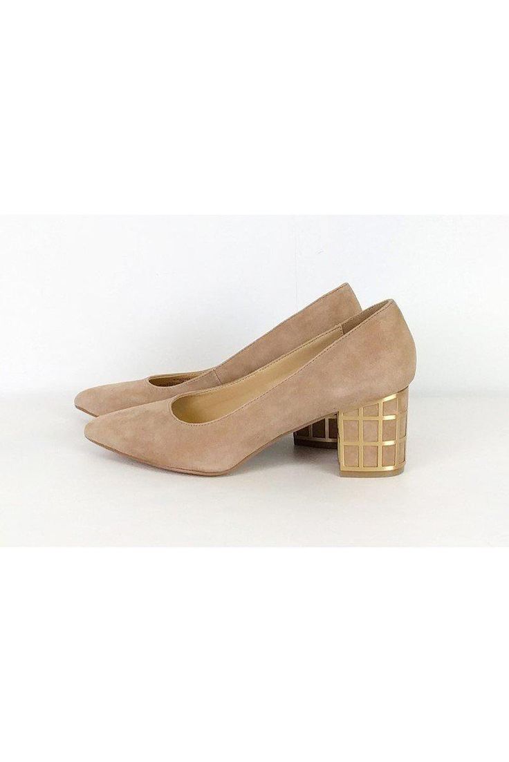 One-of-a-kind pumps in a tan suede. They feature a unique caged heel in a gold-tone metal. Pointed toe style adds a sleek touch. Size 7 M Leather upper Synthetic lining/sock Man made outsole Pointed toe No outsole wear Caged heel Heel height 2.5" Modern Gold Heels With Stacked Heel, Modern Gold Low Heel Shoes, Modern Gold Low Heel Heels, Modern Gold Low Heels, Spring Gold Heels, Modern Closed Toe Gold Heels, Chic Gold Low Heel Court Shoes, Gold Court Shoes With Sculpted Heel For Spring, Spring Gold Court Shoes With Sculpted Heel