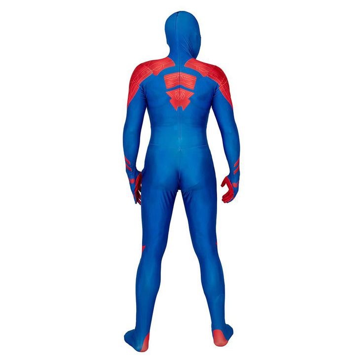 a man in a blue and red spider suit with his back turned to the camera