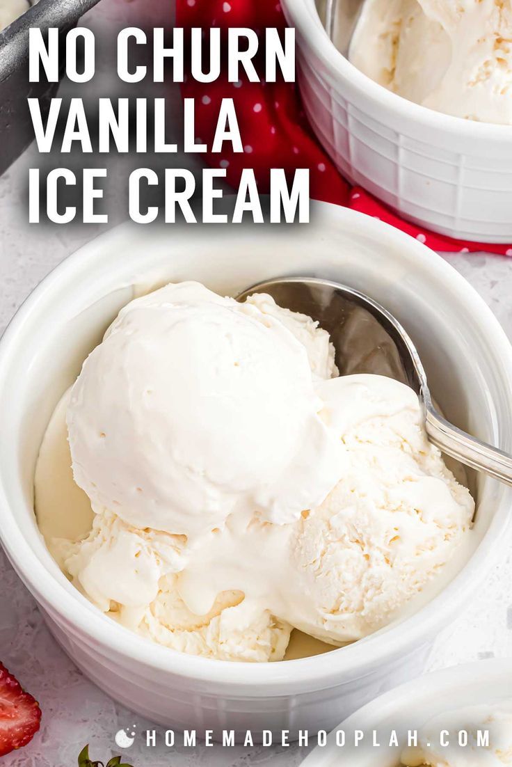 no churn vanilla ice cream in two white bowls