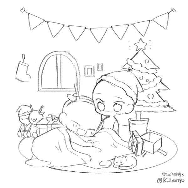 a drawing of a baby in front of a christmas tree