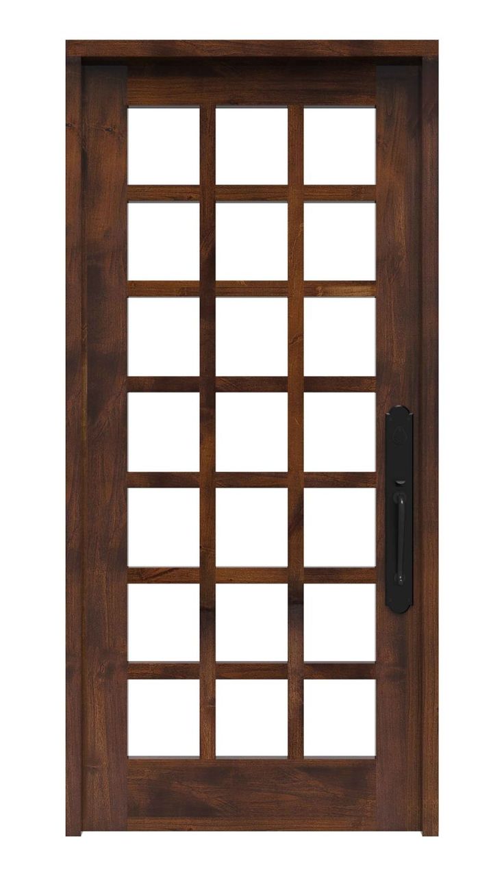 a wooden door with glass panels and a black handle on the side panel, against a white background