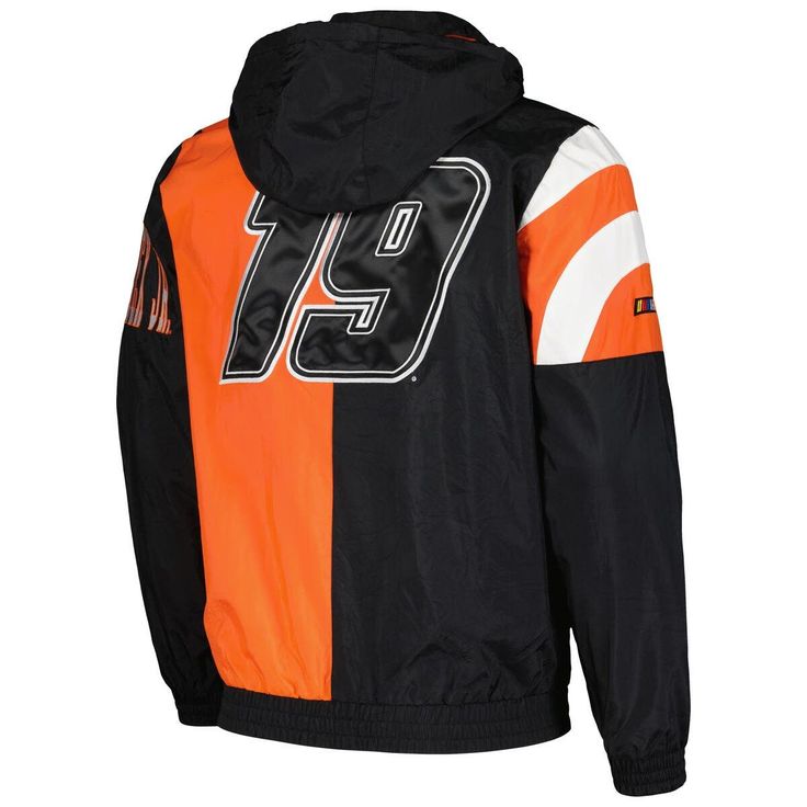 Push through a drop in temperature like your favorite drivers pushing through the pack and taking the lead by grabbing this Martin Truex Jr Red Zone full-zip jacket from Starter. It features Martin Truex Jr's name embroidered on the torso, leaving no doubt who you want to see take the checkered flag when it's all said and done. The multiple interior pockets give you several safe places to store any essentials and stay hands-free to cheer your favorite racer across the finish line. Two front pock Black Racing Outerwear For Sports, Black Racing Outerwear For Streetwear, Black Racing Style Outerwear For Streetwear, Casual Hooded Outerwear For Motorcycling, Sporty Winter Motorcycle Outerwear, Sporty Winter Motorcycling Outerwear, Racing Style Winter Sports Outerwear, Winter Racing Sports Outerwear, Casual Motorcycle Outerwear With Zipper Closure