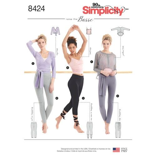 three women's leggings and top sewing pattern, with measurements for each