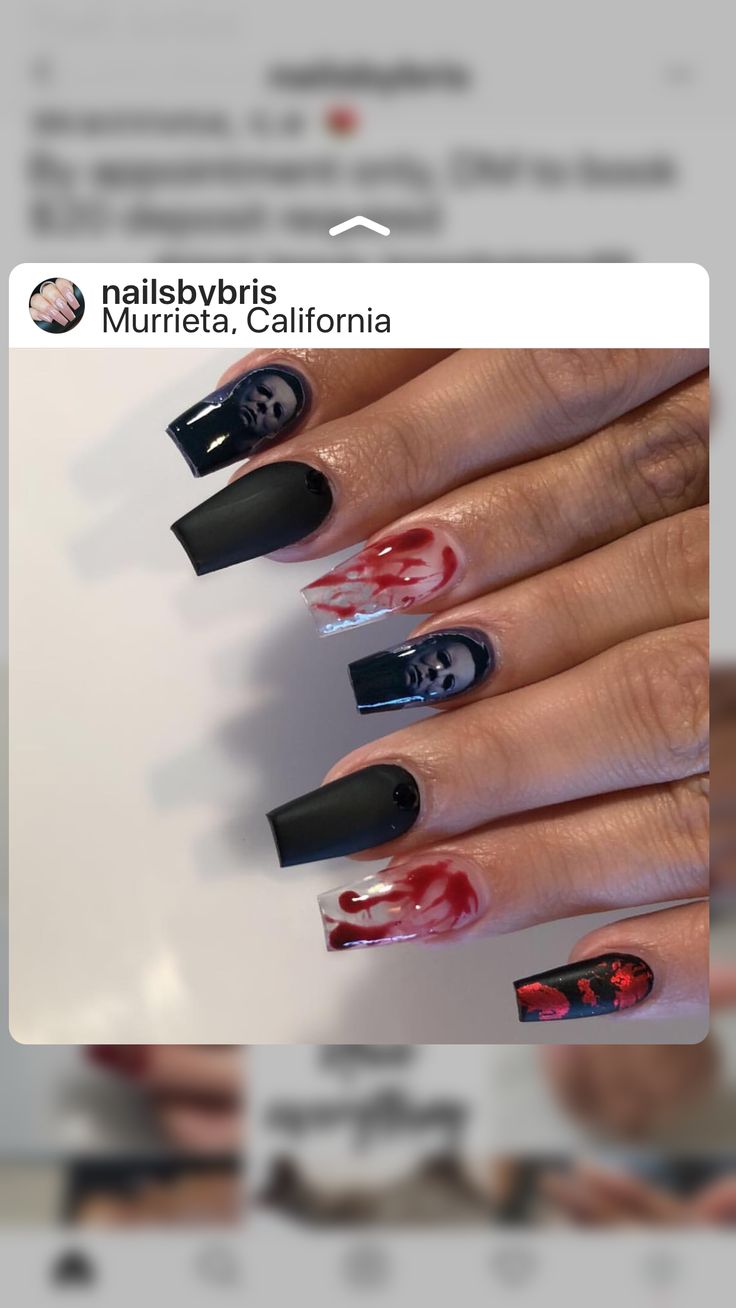 Micheal Myers’s Nails, Michael Myers Acrylic Nails, Mike Myers Nails, Michael Myers’s Nails, Michael Myers Nails Halloween, Micheal Myers Nail, Micheal Myers Nail Designs, Halloween Nails Michael Myers, Horror Movie Nails Halloween