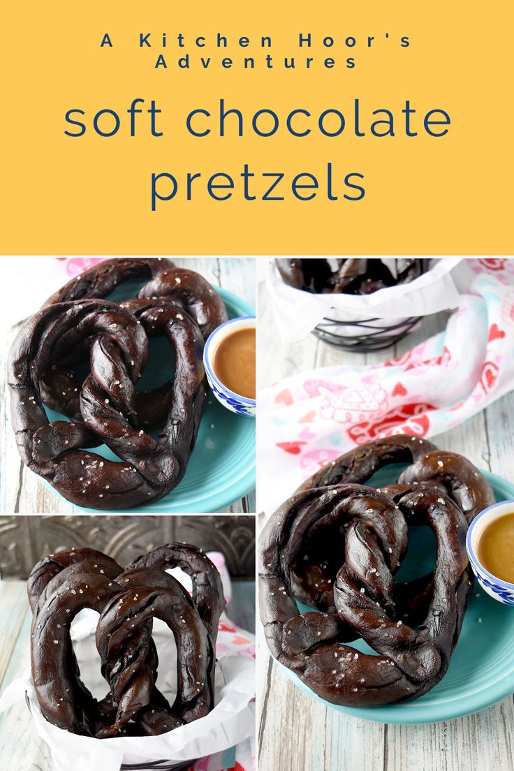 chocolate pretzels on a blue plate with coffee