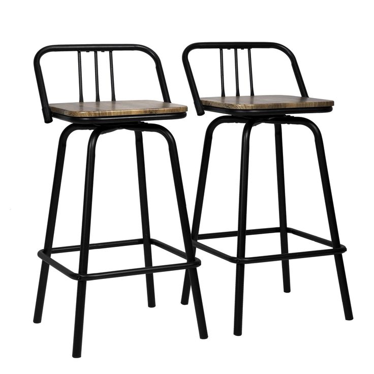 two black metal barstools with wooden seat and backrests on white background