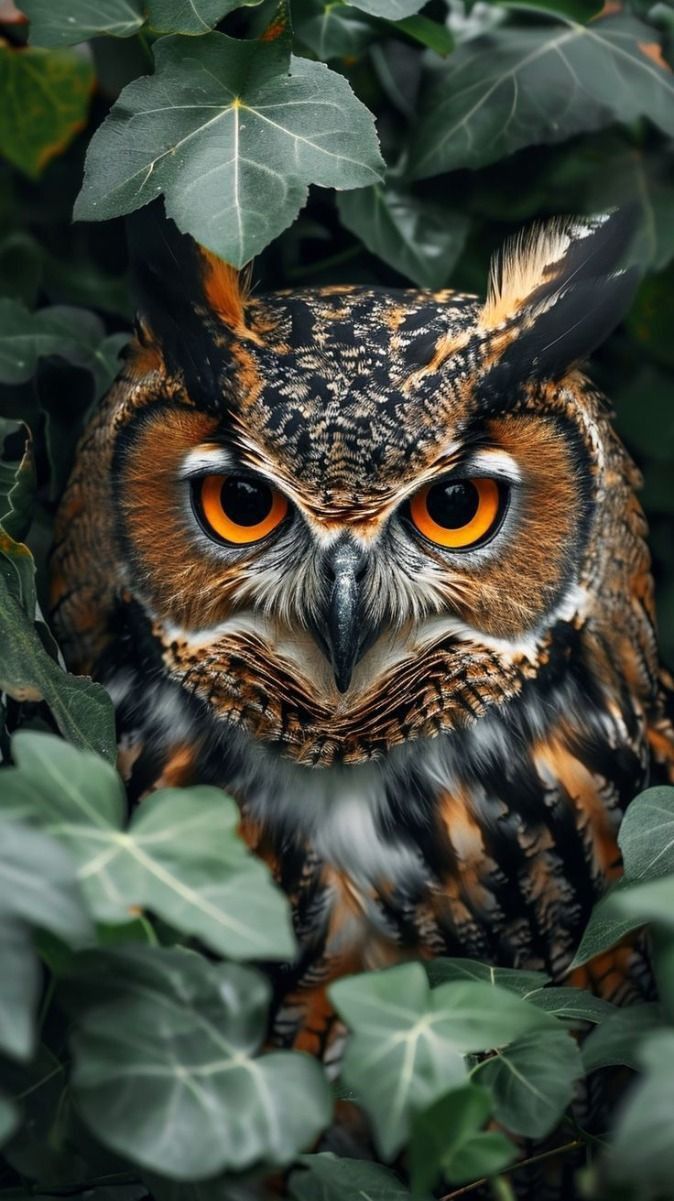 an owl with orange eyes sitting in leaves