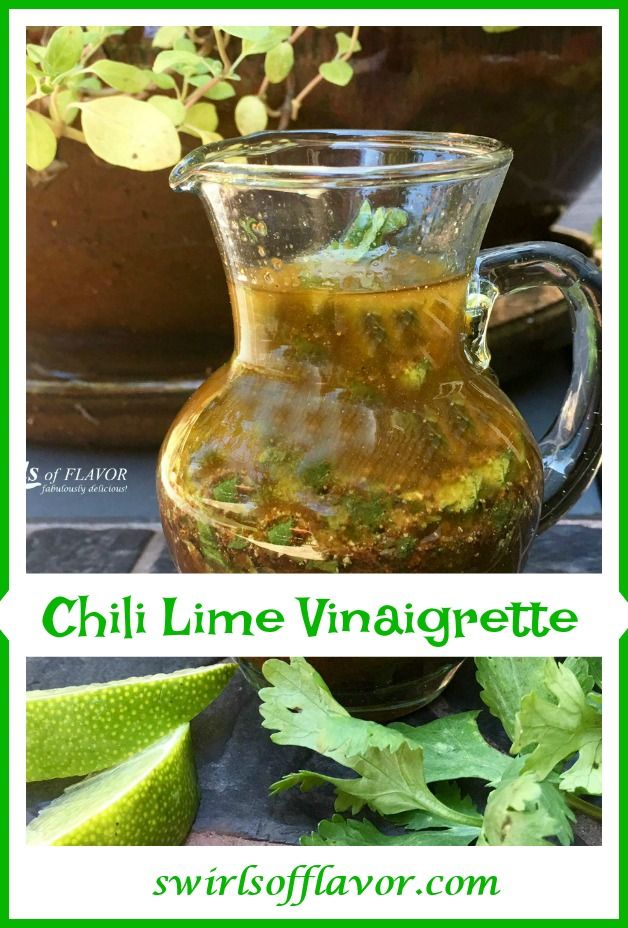 a glass pitcher filled with green liquid next to a potted plant and an image of chili lime vinaigrette