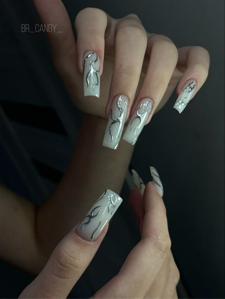 White Nails With Silver, Euphoria Nails, White And Silver Nails, Wow Nails, Goth Nails, Soft Nails, Long Square Acrylic Nails, Summer Acrylic Nails, Silver Nails