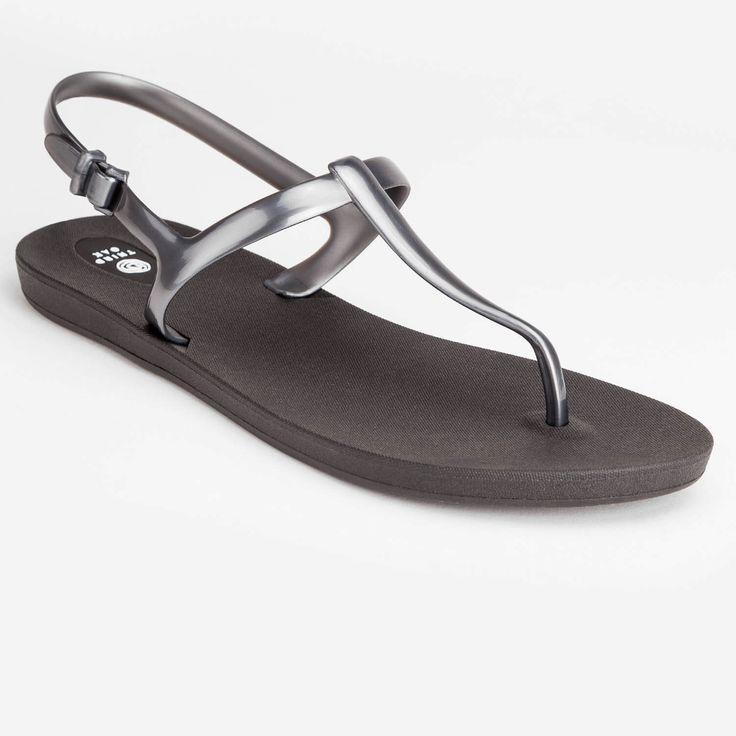 Third Oak | Journey Recycled Black Twilight Sandals | Responsibly Made in USA Sleek Silver Sandals For Summer, Adjustable Silver Flip Flops, Adjustable Silver Open Toe Flip Flops, Silver Open Toe Slingback Sandals For Beach, T Strap Sandals, Black And Silver, T Strap, Back Strap, Shape Design