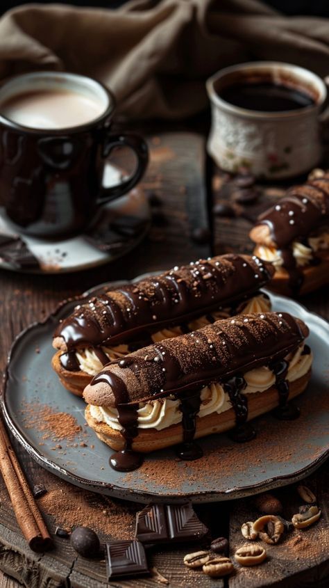 two hotdogs with chocolate and marshmallow toppings on a plate next to cups of coffee