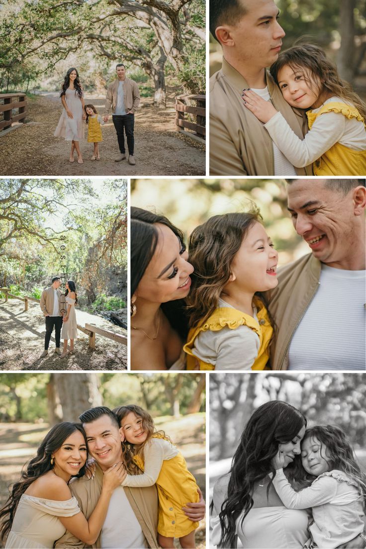 a collage of family photos taken in the woods